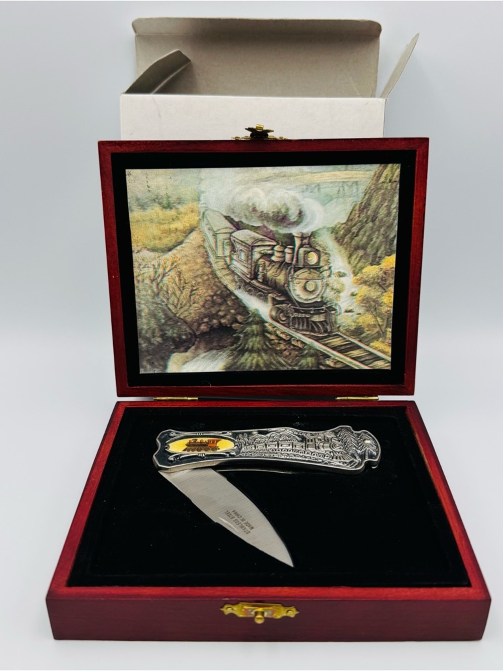 NIB Vintage Knife w/Railroad Train Relief on Both Sides With Wooden Case/Box